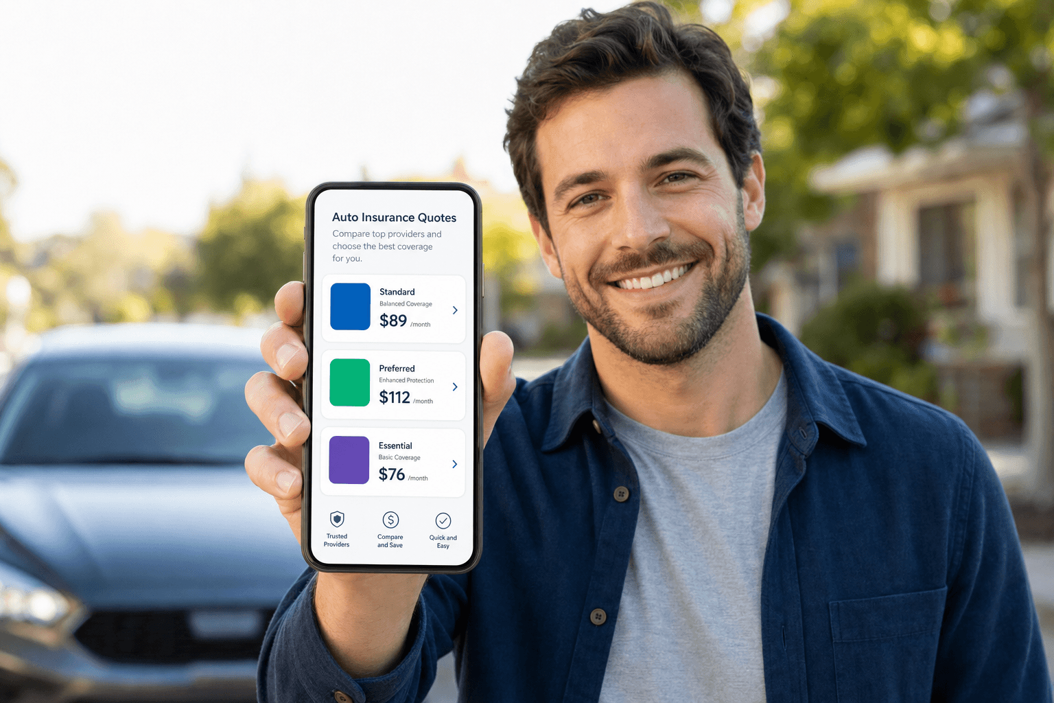 A driver comparing car insurance quotes on a phone